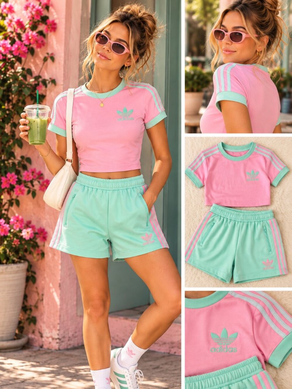 Adidas Originals JD Exclusive Pink Mint Matching Set Shorts Tee S